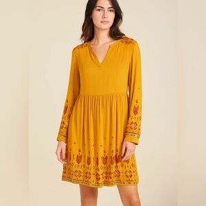 Women M Boho Long Sleeve Dress Embroidered V Neck India Mustard Gold Geometric